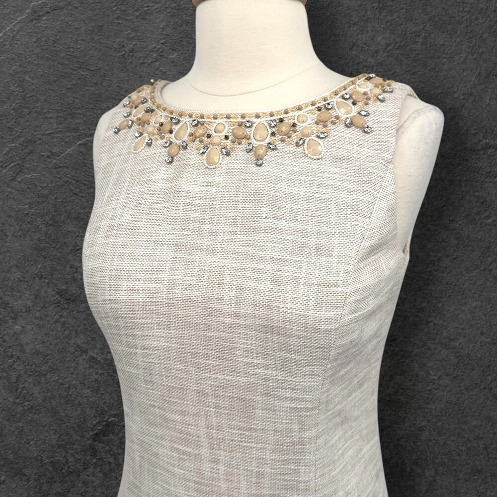 Talbots Beige Tweed Linen Blend Sheath Dress 8 Beaded Embellished Sleeveless - Picture 5 of 16